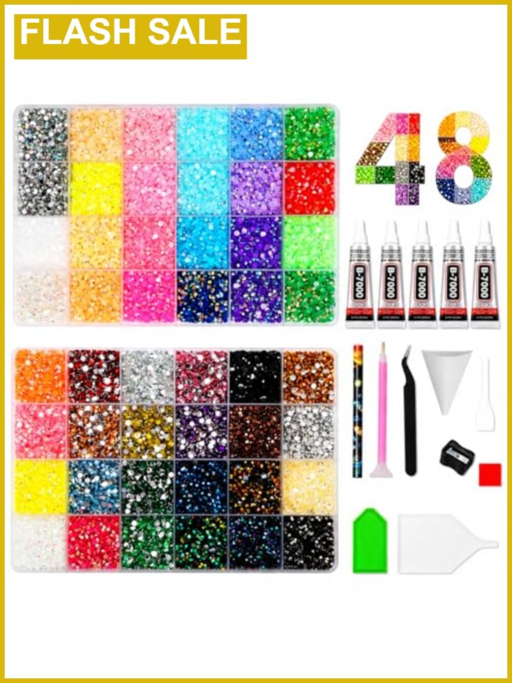 Resin Rhinestones Kit 48000 Pcs 48 Colors with Glue Pens Tweezers Trays